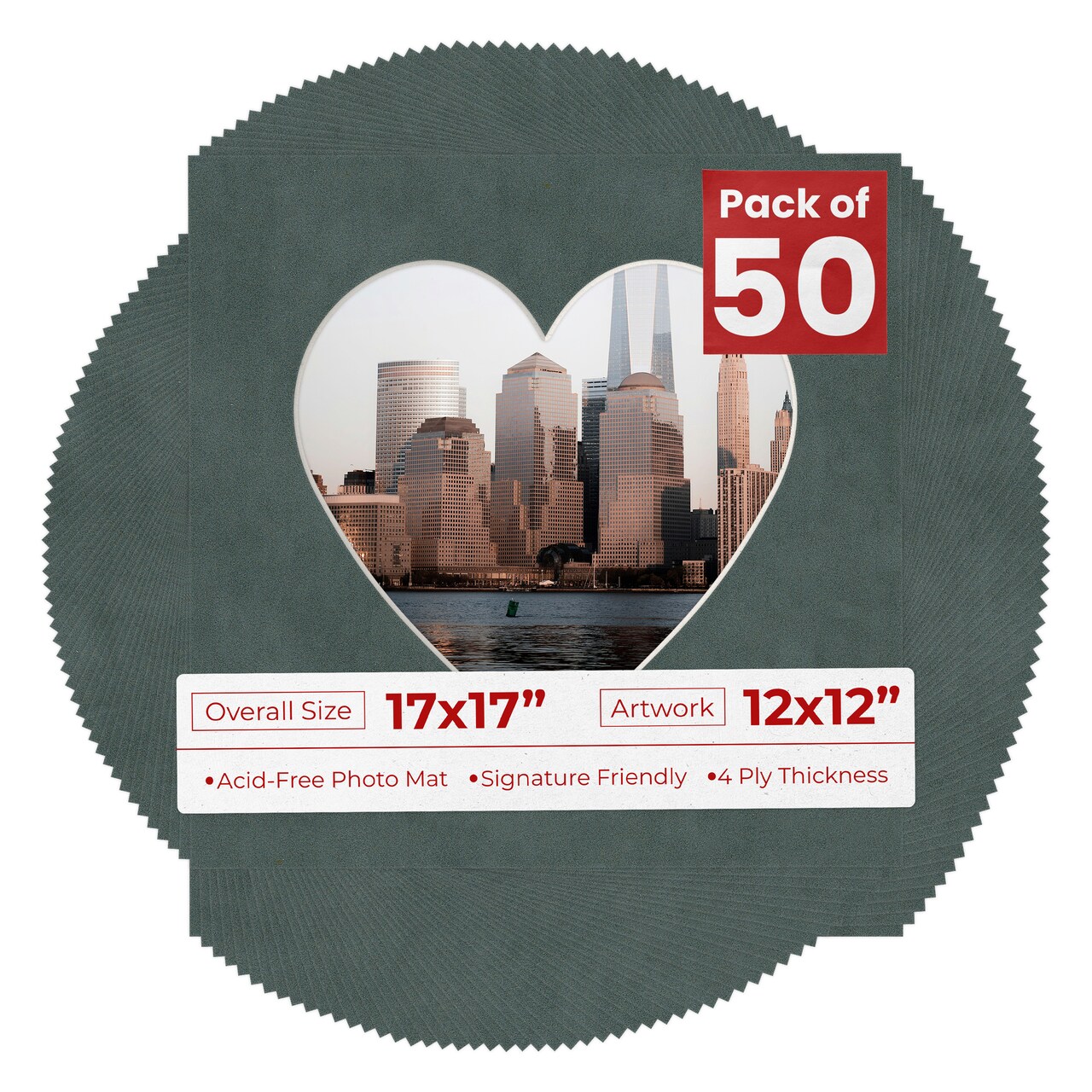Dark Grey Suede Mat Board for 17x17 Frames - Heart Opening for 12x12 Photos